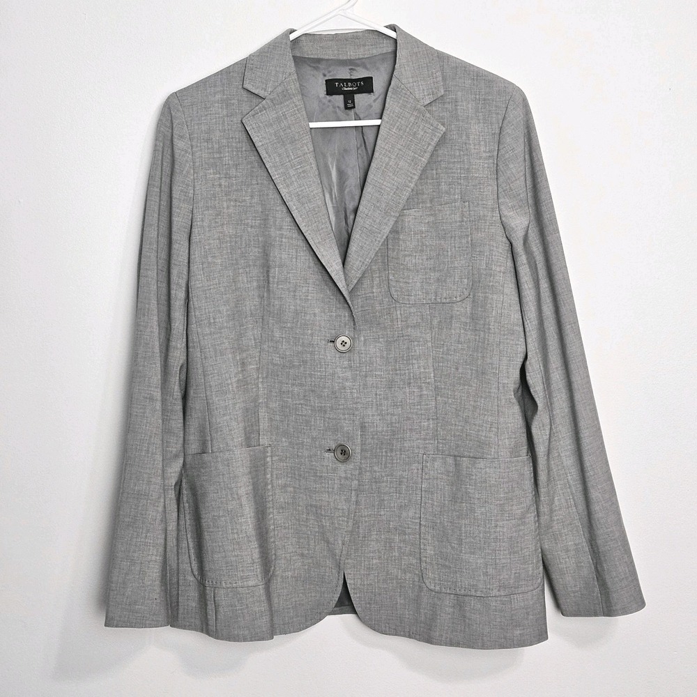 Talbots Blazer Jacket Sz 12 Stretch Gray Wool Blend 2 Button Notch Lapel Pockets